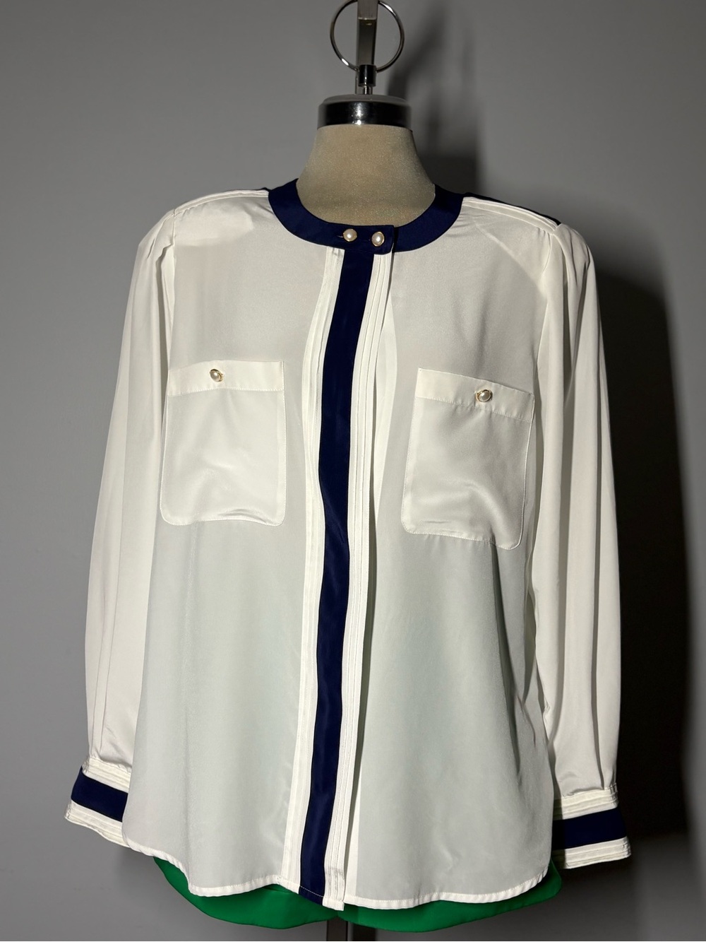 White Blouse with Navy Trim - Classic Contrast Button Front